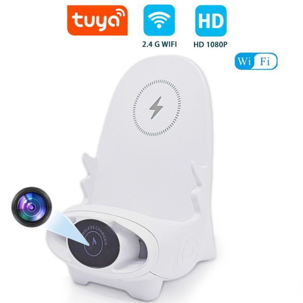 Wireless charger phone & tablet holder compatible with Apple/Android have wireless security camera with 110° wide-angle